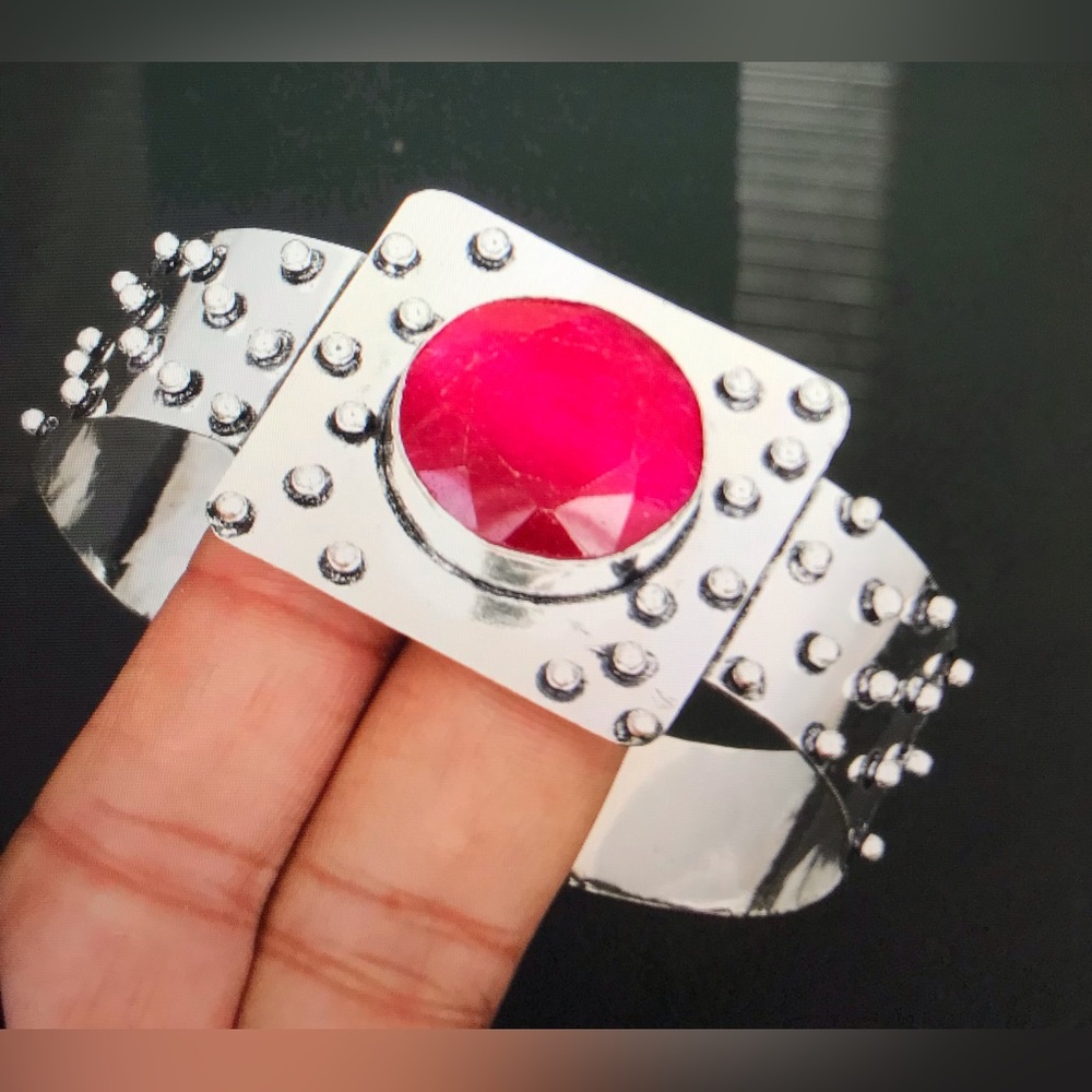 Garnet Stamped Solid 925 Sterling Silver Cuff Bracelet